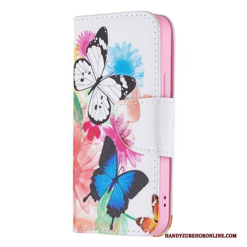 Lederhüllen Für iPhone 13 Mini Bemalte Schmetterlinge Und Blumen