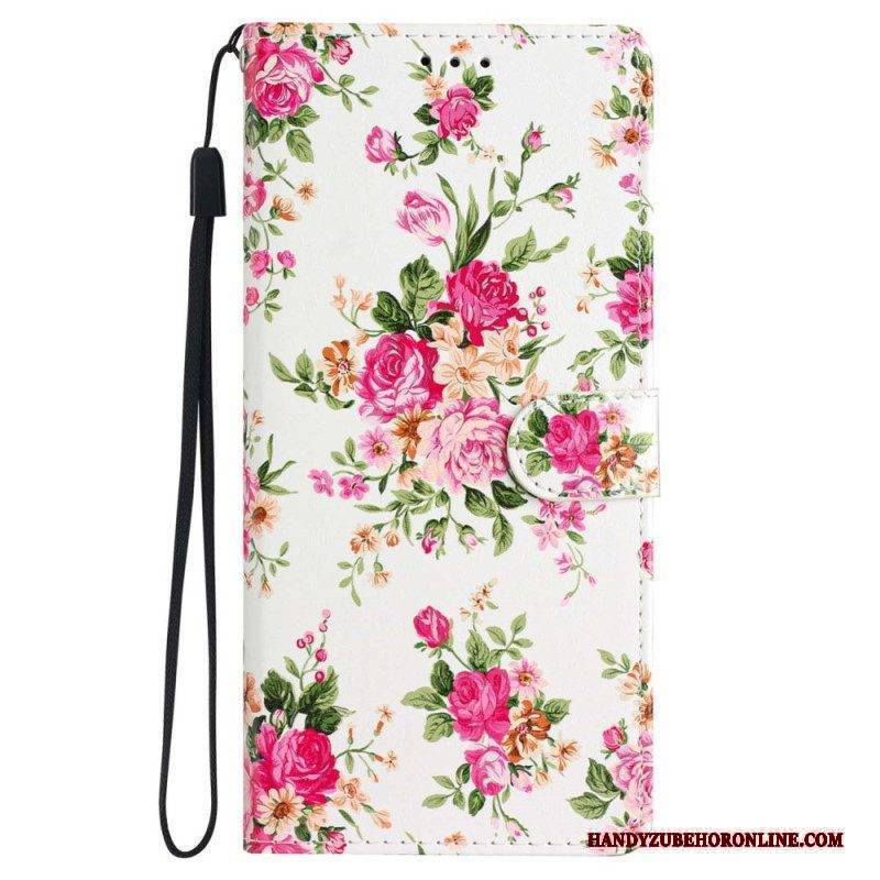 Lederhüllen Für iPhone 15 Plus Mit Kordel Blumen Mit Riemen