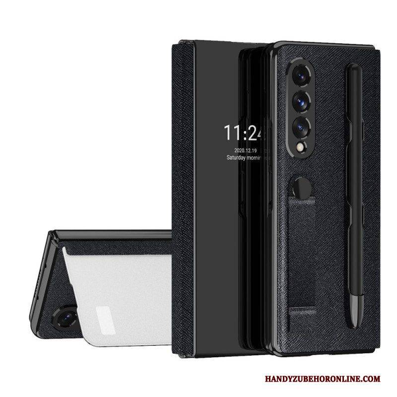 Schutzhülle Für Samsung Galaxy Z Fold 3 5G Flip Case Spiegelstifthalter Und Riemen