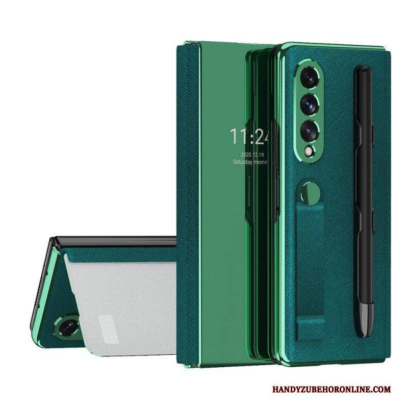 Schutzhülle Für Samsung Galaxy Z Fold 3 5G Flip Case Spiegelstifthalter Und Riemen