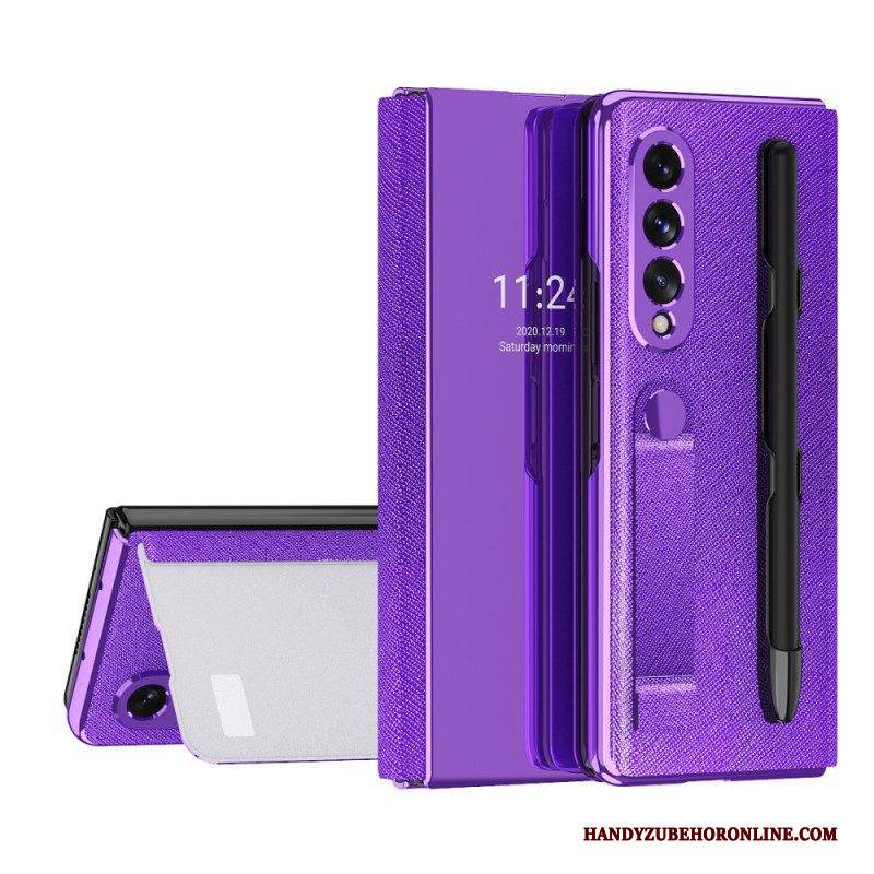 Schutzhülle Für Samsung Galaxy Z Fold 3 5G Flip Case Spiegelstifthalter Und Riemen