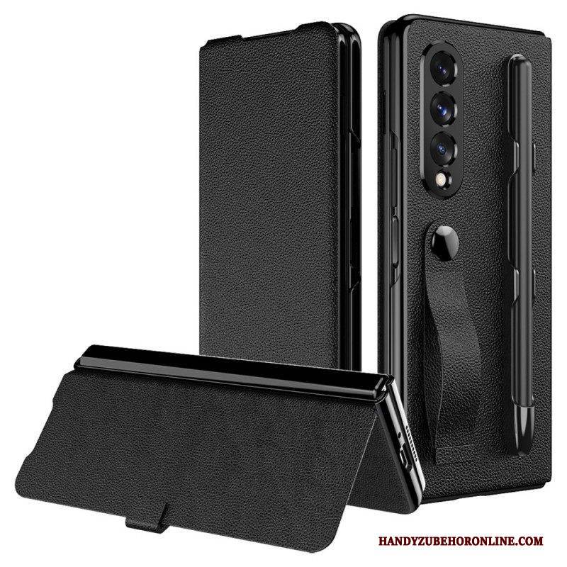 Schutzhülle Für Samsung Galaxy Z Fold 3 5G Flip Case Stifthalter Und Riemen Aus Litchi-leder Im Stil