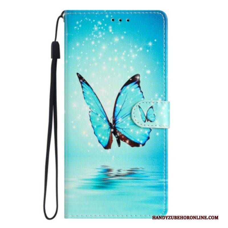 Flip Case Für Oppo Reno 8 Pro Mit Kordel Blaue Schmetterlinge Mit Riemen