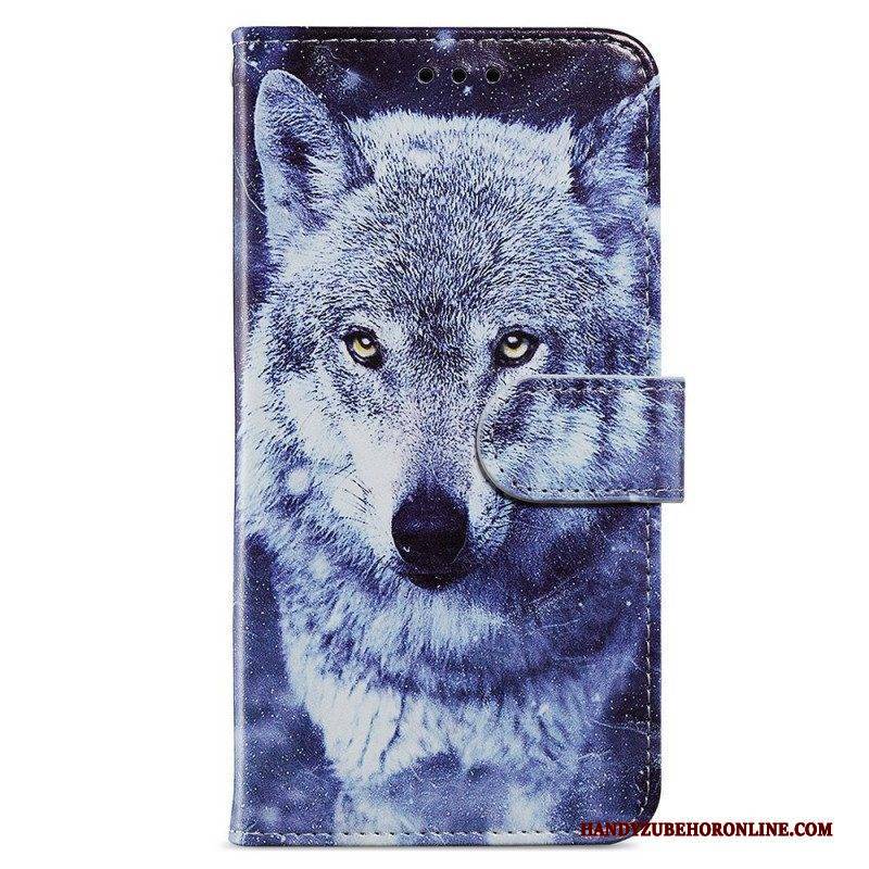 Flip Case Für Samsung Galaxy A13 Hervorragender Wolf Mit Schlüsselband