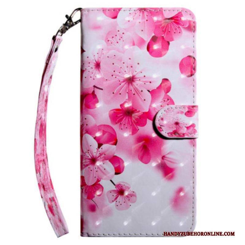 Flip Case Für Samsung Galaxy A14 / A14 5G Mit Kordel Riemchenrosa Blumen