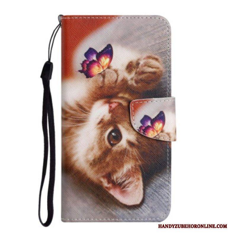 Flip Case Für Samsung Galaxy A54 5G Mit Kordel Katze Und Schmetterling Mit Schlüsselband