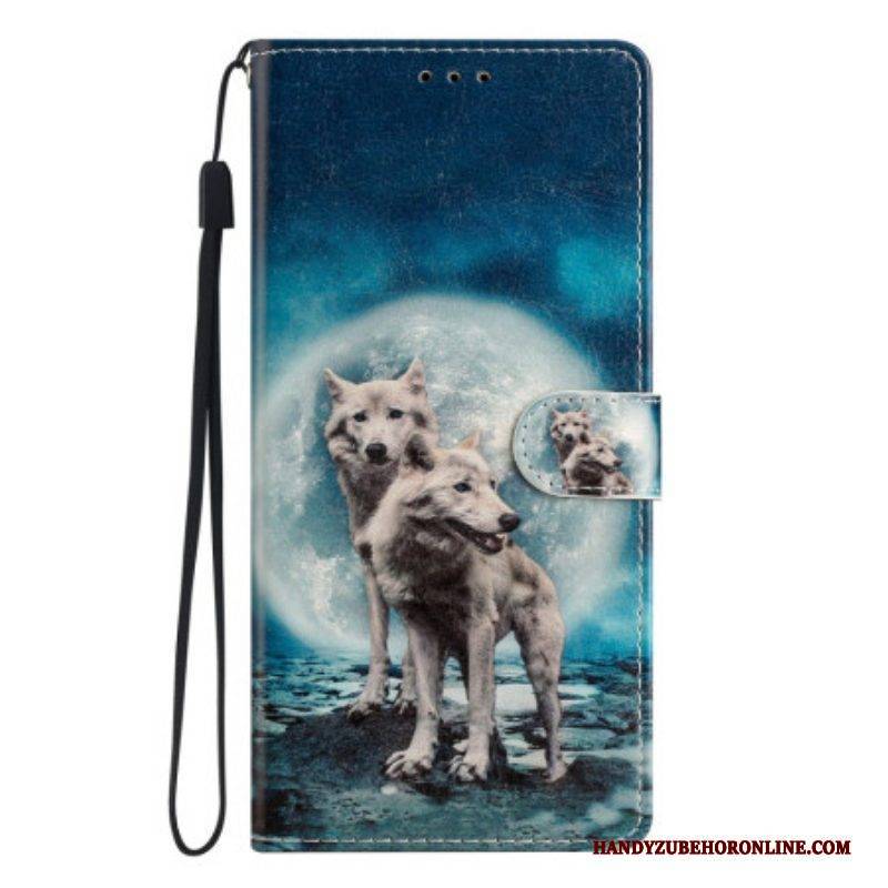 Flip Case Für Samsung Galaxy A54 5G Wolf Unter Mond Mit Schlüsselband