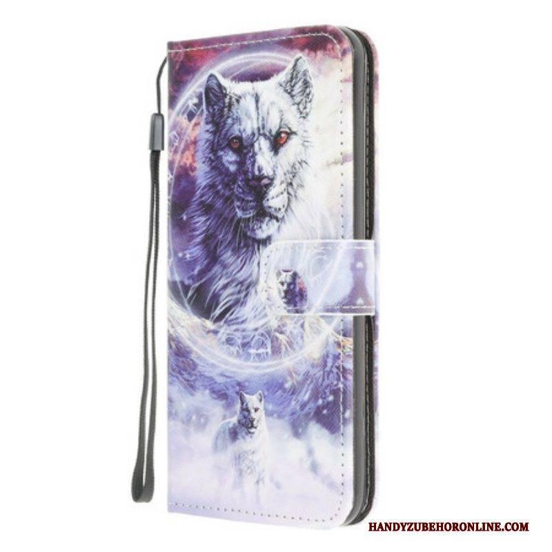 Flip Case Für Samsung Galaxy M12 / A12 Wolf Im Winter Mit Schlüsselband