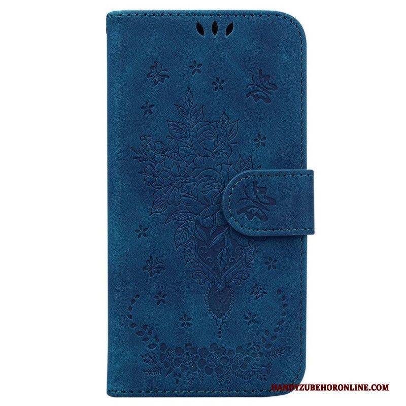 Flip Case Für Samsung Galaxy M13 Mit Kordel Riemchenrosen Und Schmetterlinge