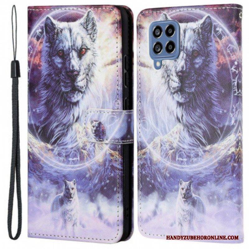 Flip Case Für Samsung Galaxy M53 5G Mit Kordel Schlüsselband Wolf