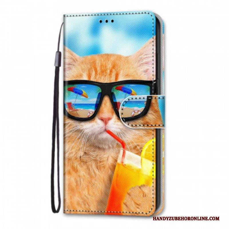 Flip Case Für Samsung Galaxy M53 5G Mit Kordel Strappy Star Cat