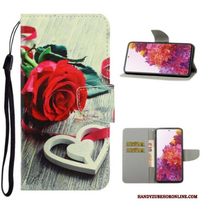 Flip Case Für Samsung Galaxy S20 FE Mit Kordel Romantische Rose Mit Riemen