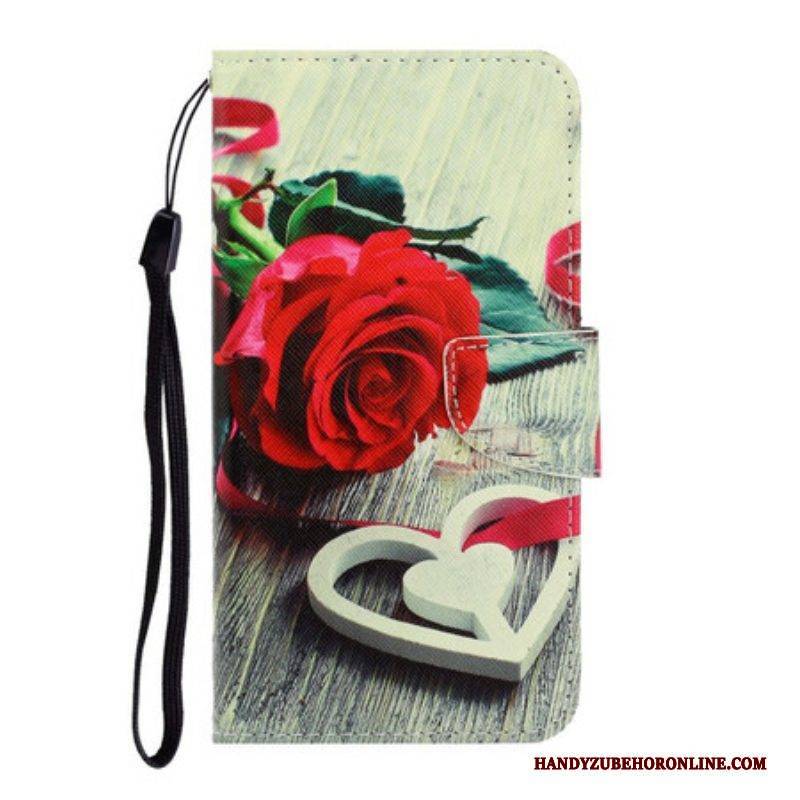 Flip Case Für Samsung Galaxy S21 FE Mit Kordel Romantische Rose Mit Riemen