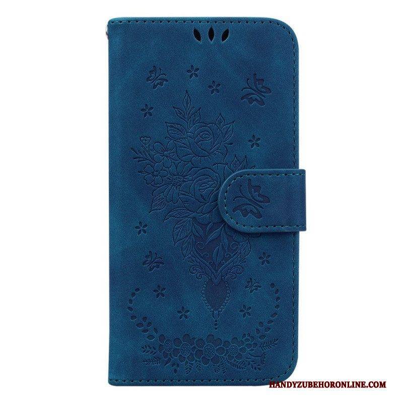 Flip Case Für Samsung Galaxy S23 5G Mit Kordel Riemchenrosen Und Schmetterlinge