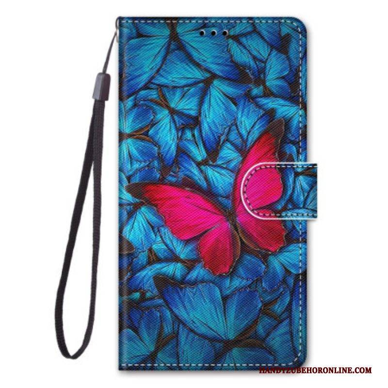 Flip Case Für Xiaomi 12 / 12X Mit Kordel Roter Schmetterling Mit Riemen