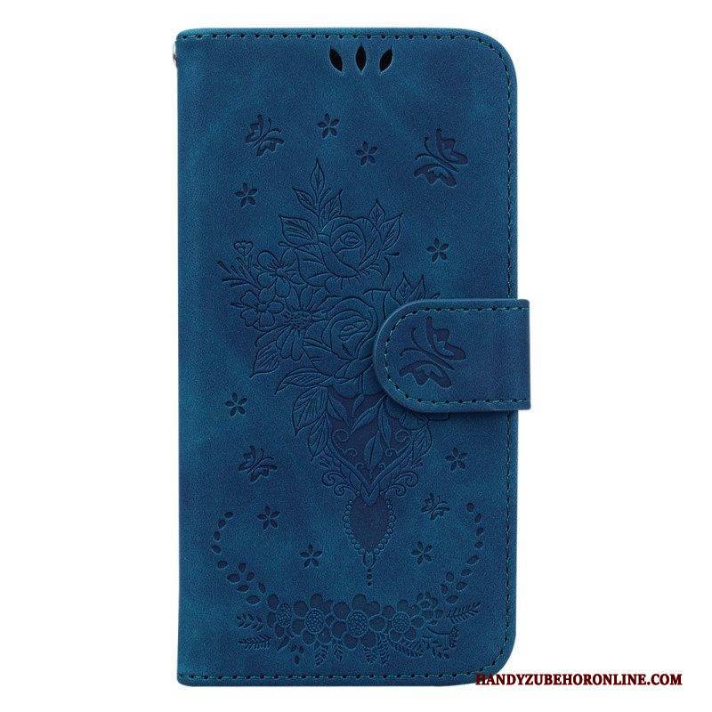 Flip Case Für Xiaomi Redmi Note 12 4G Mit Kordel Riemchenrosen Und Schmetterlinge