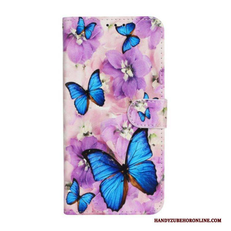 Flip Case Für iPhone 13 Mini Blaue Schmetterlinge In Blumen