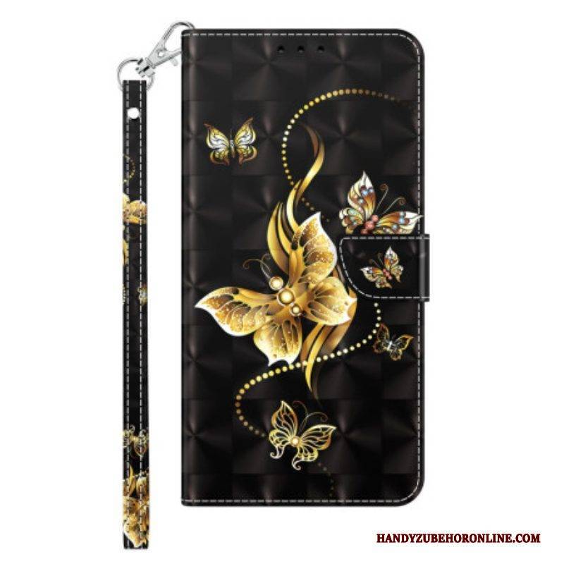 Flip Case Für iPhone 14 Pro Mit Kordel Goldene Schmetterlinge Mit Riemen