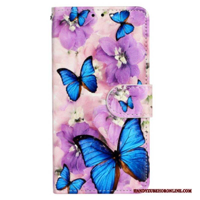 Flip Case Für iPhone 15 Mit Kordel Kleine Blaue Schmetterlinge Mit Riemen