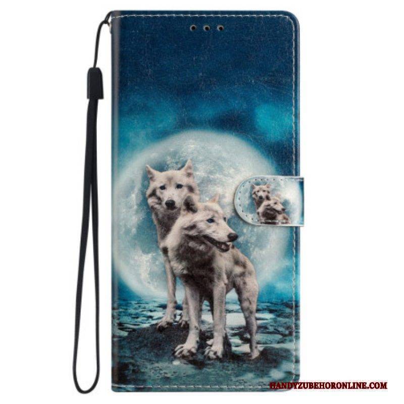 Flip Case Für iPhone 15 Mit Kordel Schlüsselband „wölfe Unter Dem Mond“.