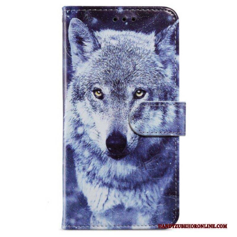 Flip Case Für iPhone 15 Mit Kordel Weißer Wolf Mit Riemen