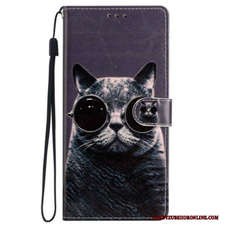 Flip Case Für iPhone 15 Plus Mit Kordel Katze Mit Bügelbrille