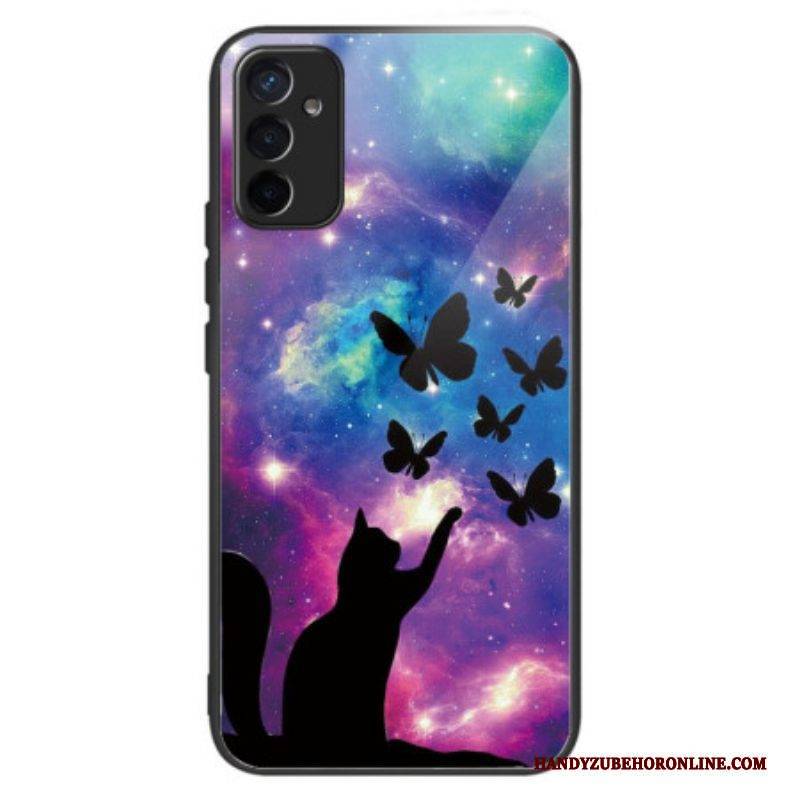 Handyhülle Für Samsung Galaxy M13 Katze Und Schmetterlinge Aus Gehärtetem Glas
