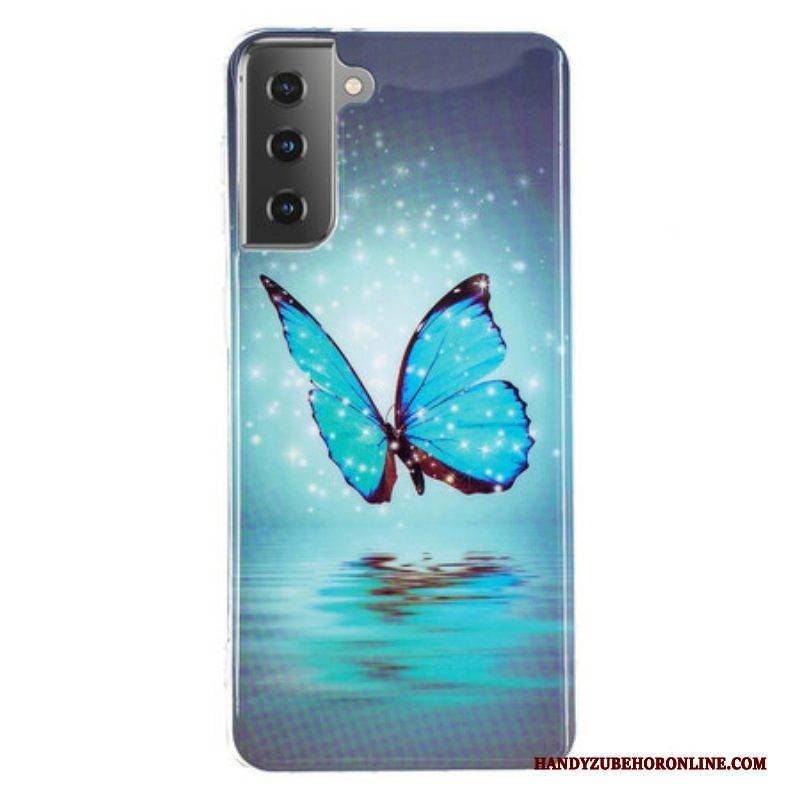 Handyhülle Für Samsung Galaxy S21 5G Fluoreszierender Blauer Schmetterling