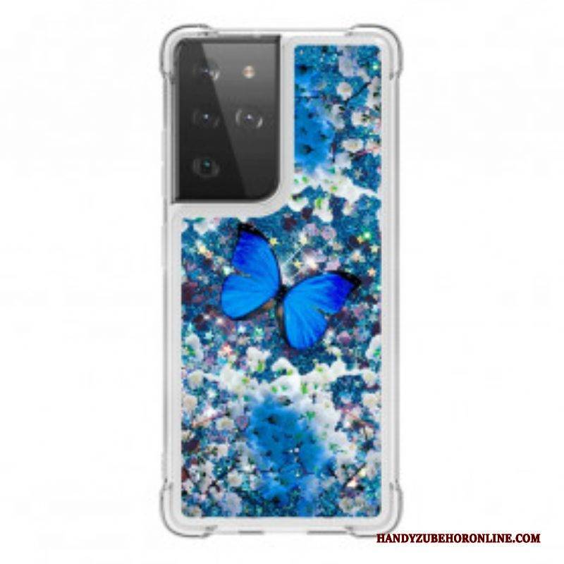 Handyhülle Für Samsung Galaxy S21 Ultra 5G Glitzernde Blaue Schmetterlinge