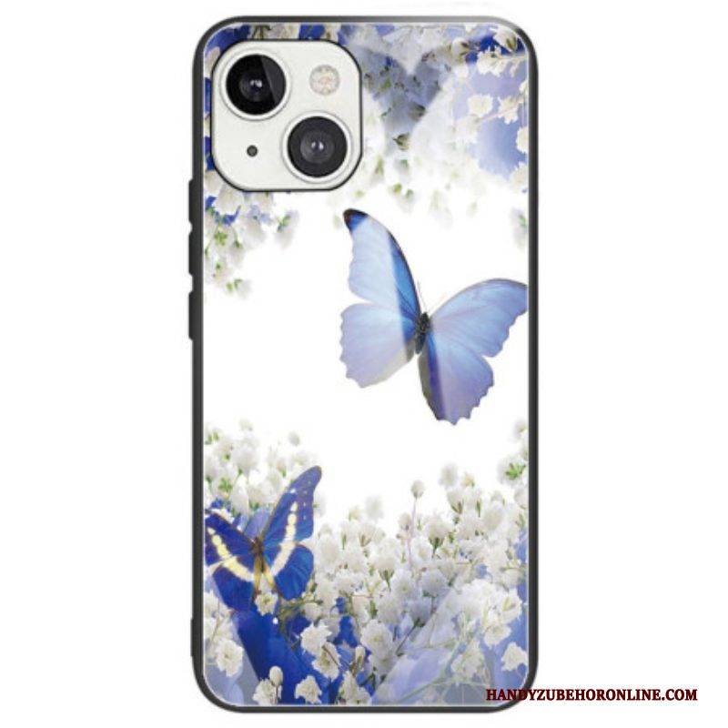 Handyhülle Für iPhone 14 Blaue Schmetterlinge Aus Gehärtetem Glas