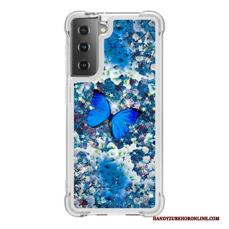 Hülle Für Samsung Galaxy S21 5G Glitzernde Blaue Schmetterlinge