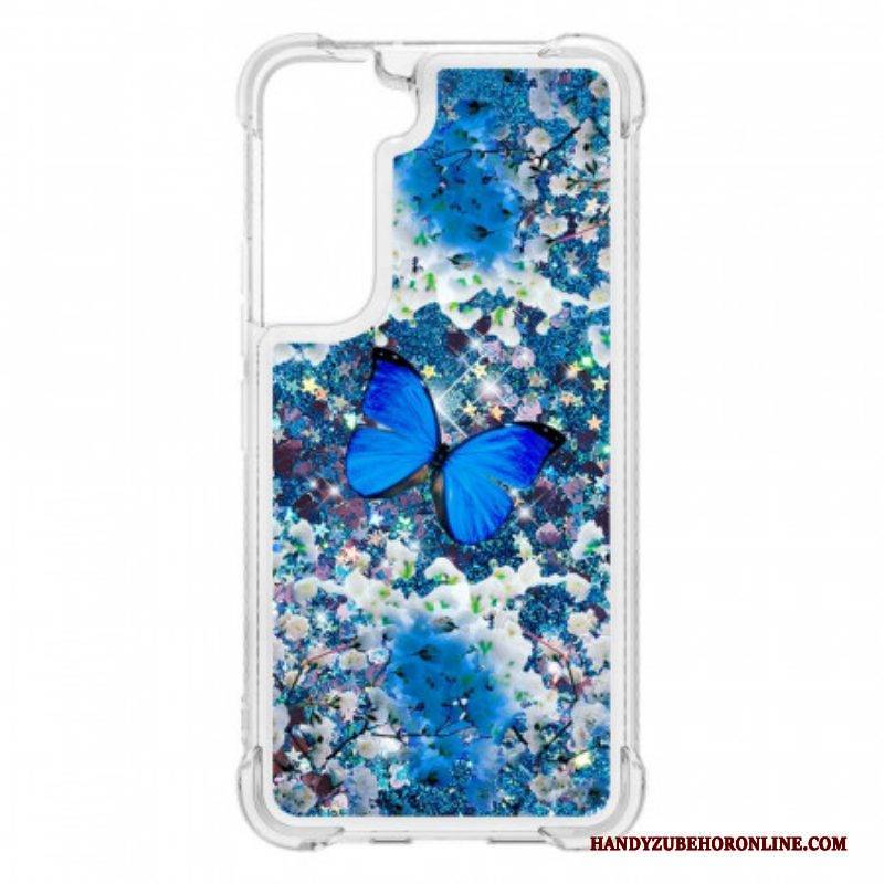 Hülle Für Samsung Galaxy S22 5G Glitzernde Blaue Schmetterlinge
