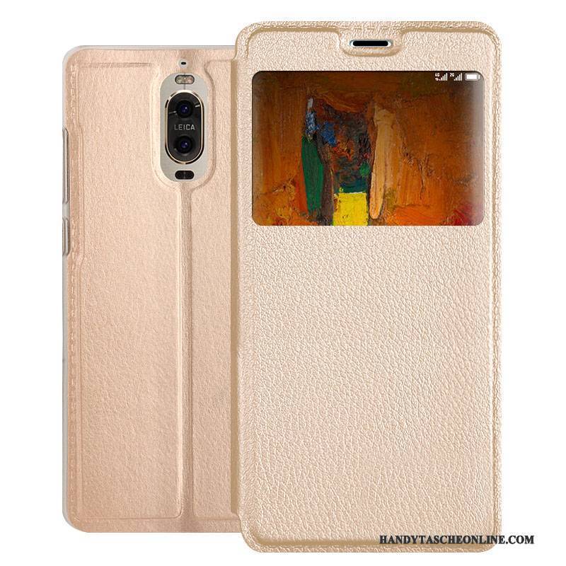 Hülle Huawei Mate 9 Pro Folio Gold Handyhüllen, Case Huawei Mate 9 Pro Lederhülle Fenster Öffnen