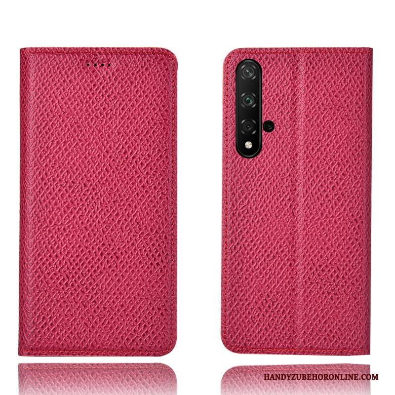 Hülle Huawei Nova 5t Leder Muster Rot, Case Huawei Nova 5t Schutz Mesh Handyhüllen