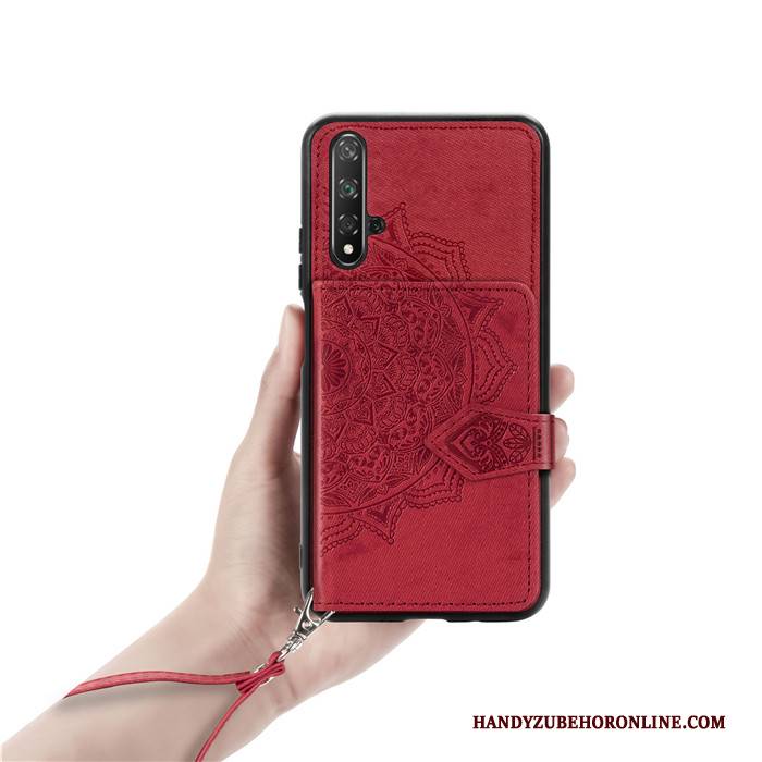 Hülle Huawei Nova 5t Taschen Stoff Rot, Case Huawei Nova 5t Brieftasche Handyhüllen