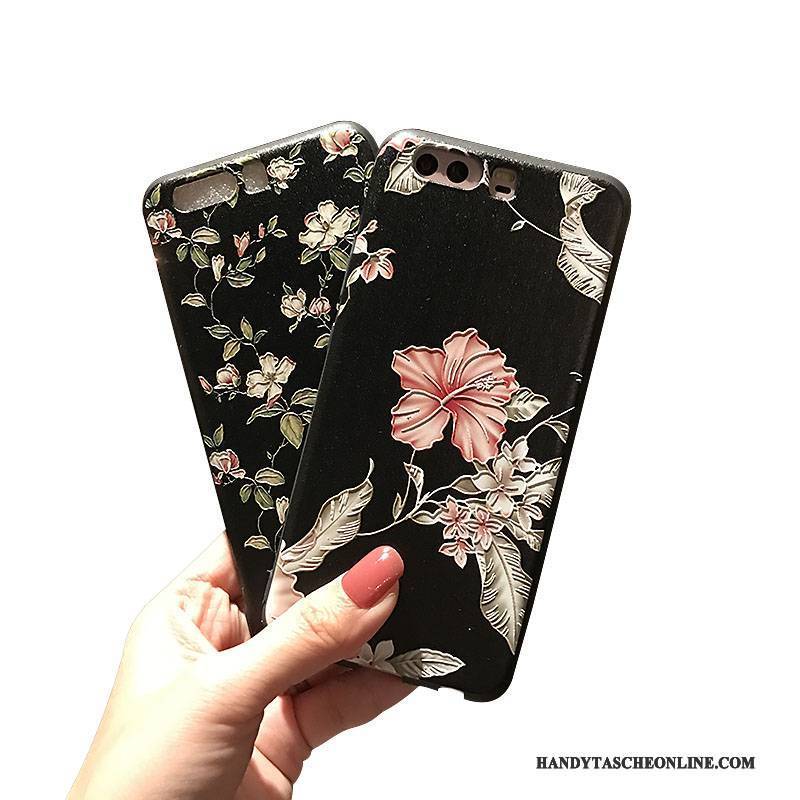 Hülle Huawei P10 Silikon Handyhüllen Mini, Case Huawei P10 Blumen Schwarz Nubuck