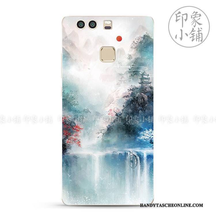 Hülle Huawei P9 Plus Retro Chinesische Art Handbemalte, Case Huawei P9 Plus Weiche Frisch Blau