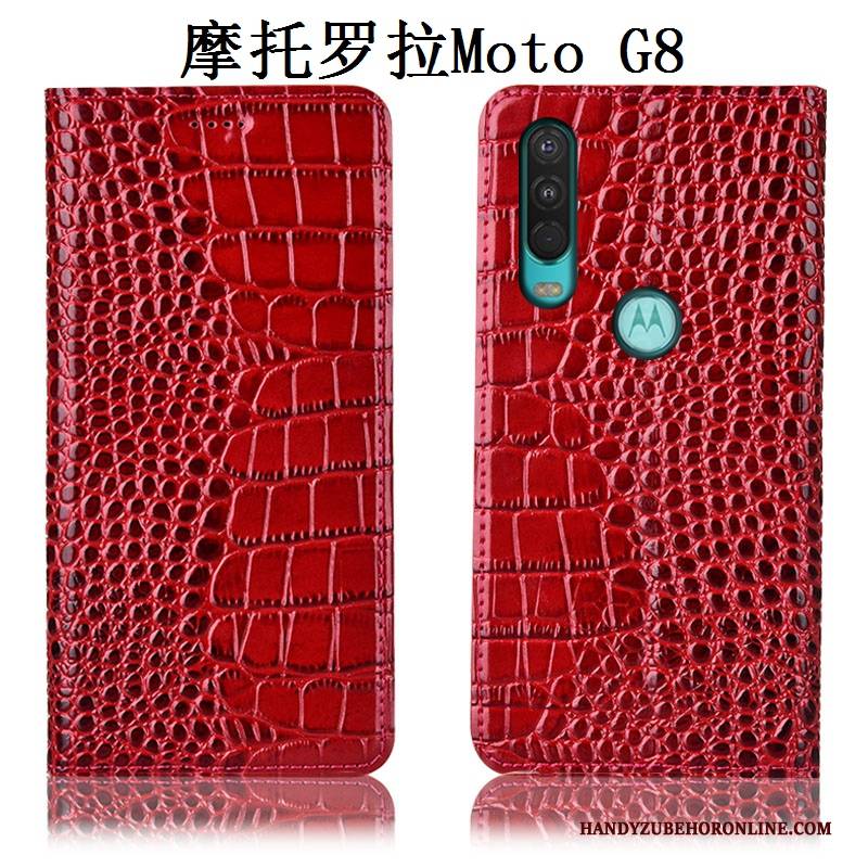 Hülle Moto G8 Leder Handyhüllen Rot, Case Moto G8 Taschen Anti-sturz
