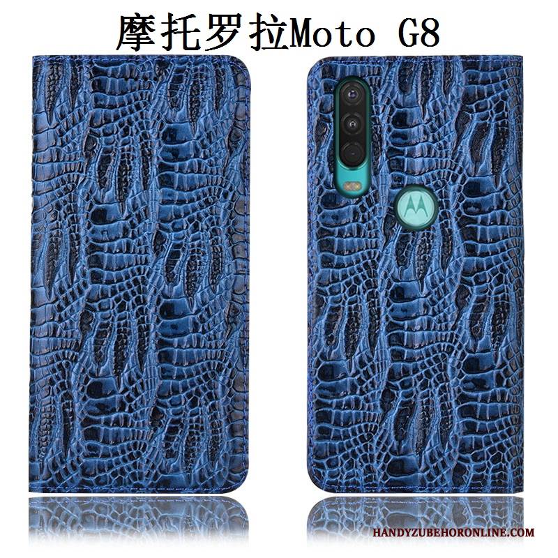 Hülle Moto G8 Taschen Anti-sturz Handyhüllen, Case Moto G8 Leder Blau