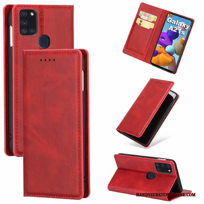 Hülle Samsung Galaxy A21s Taschen Schnalle Rot, Case Samsung Galaxy A21s Leder Anti-sturz Muster