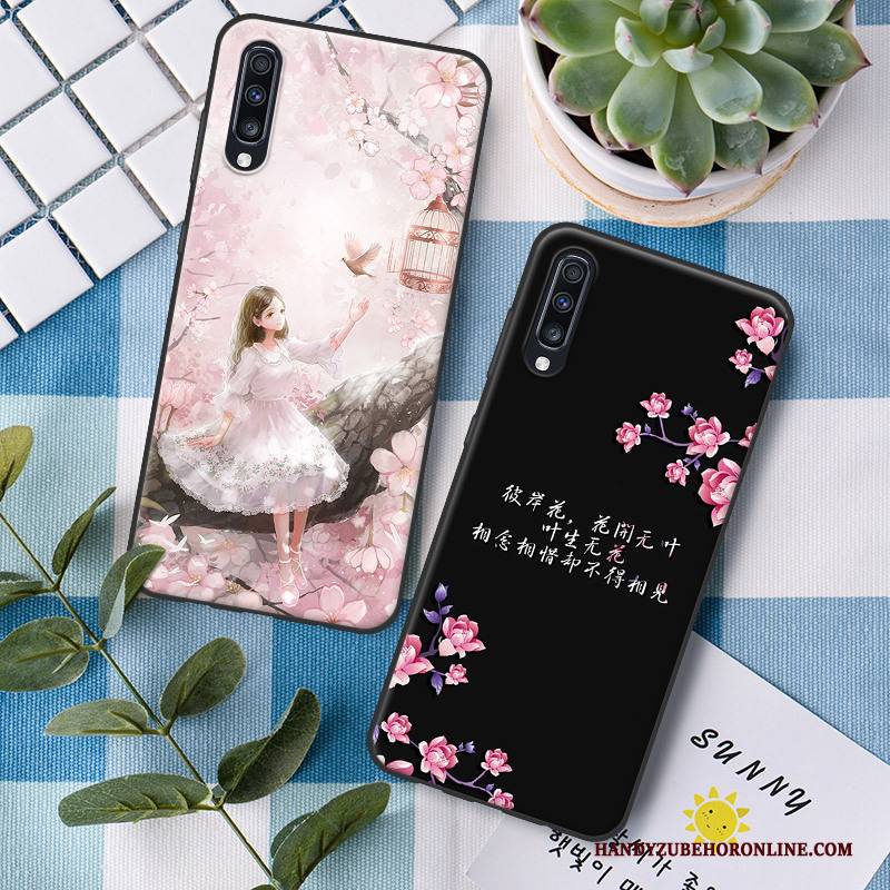 Hülle Samsung Galaxy A70 Silikon Hängende Verzierungen Schwarz, Case Samsung Galaxy A70 Schutz Blumen Handyhüllen