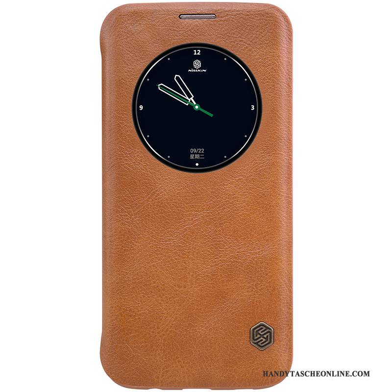 Hülle Samsung Galaxy S7 Edge Folio Handyhüllen Orange, Case Samsung Galaxy S7 Edge Lederhülle Gold