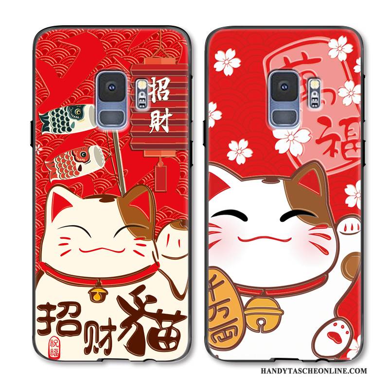 Hülle Samsung Galaxy S9 Karikatur Festlich Rot, Case Samsung Galaxy S9 Schutz Reichtum Katzen