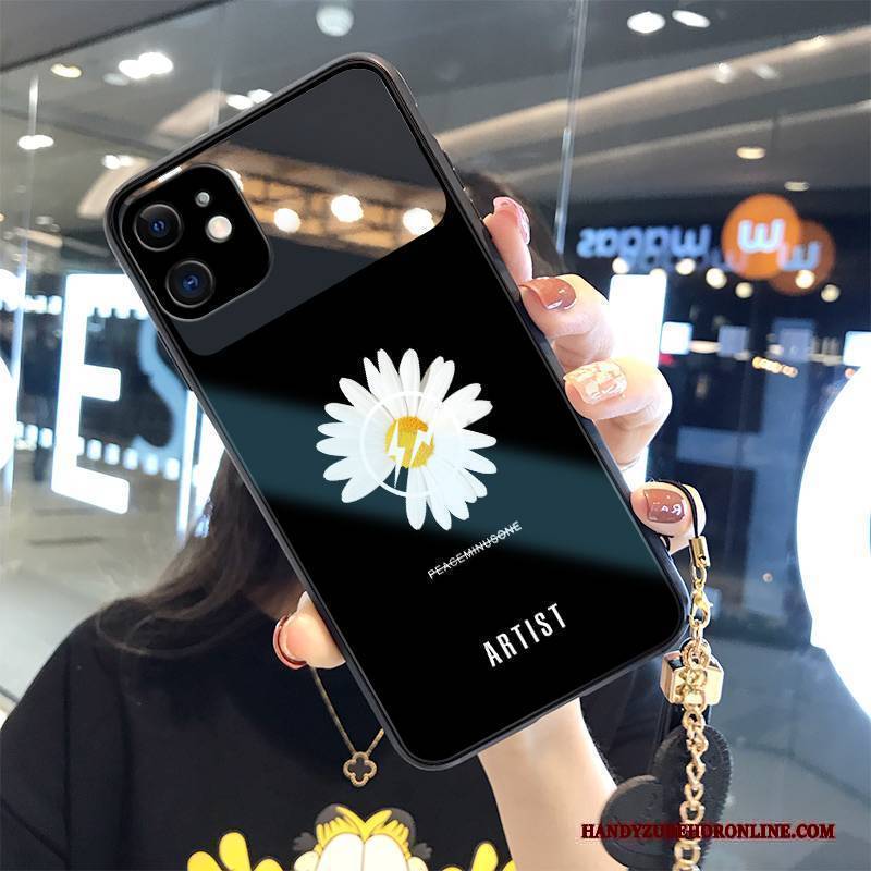 Hülle iPhone 12 Mode Mini Blumen, Case iPhone 12 Kreativ Gehärtetes Glas Schwarz