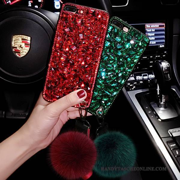 Hülle iPhone 6/6s Luxus Handyhüllen Pelzball, Case iPhone 6/6s Strass Hängende Verzierungen Grün