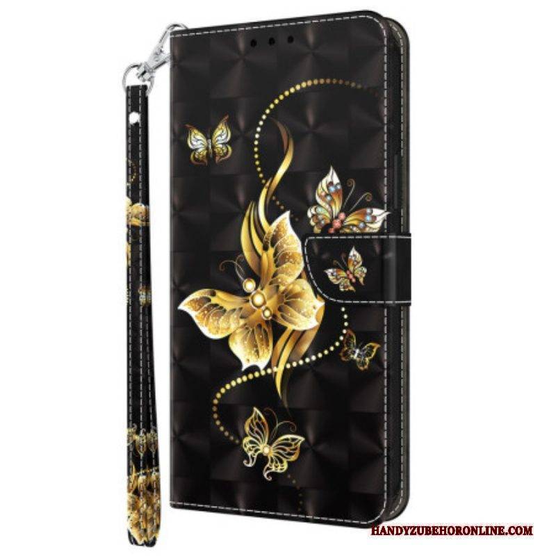 Lederhüllen Für Samsung Galaxy A14 / A14 5G Mit Kordel Goldene Schmetterlinge Mit Riemen