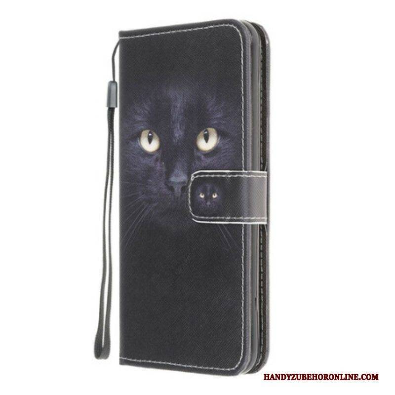 Lederhüllen Für Samsung Galaxy M12 / A12 Mit Kordel Riemchenförmige Schwarze Katzenaugen