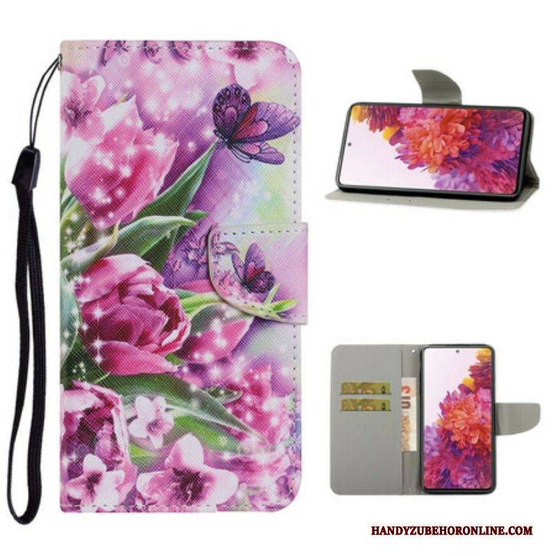 Lederhüllen Für Samsung Galaxy S20 FE Schmetterlinge Und Tulpen