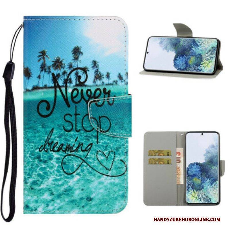 Lederhüllen Für Samsung Galaxy S21 5G Mit Kordel Never Stop Dreaming Navy Strappy