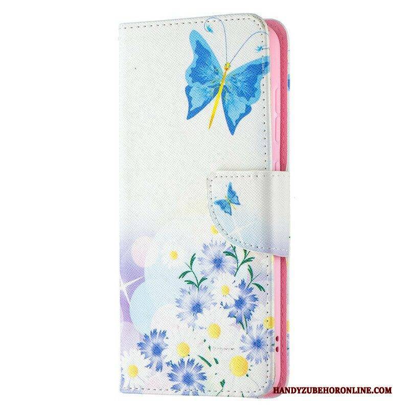 Lederhüllen Für Samsung Galaxy S21 FE Bemalte Schmetterlinge Und Blumen